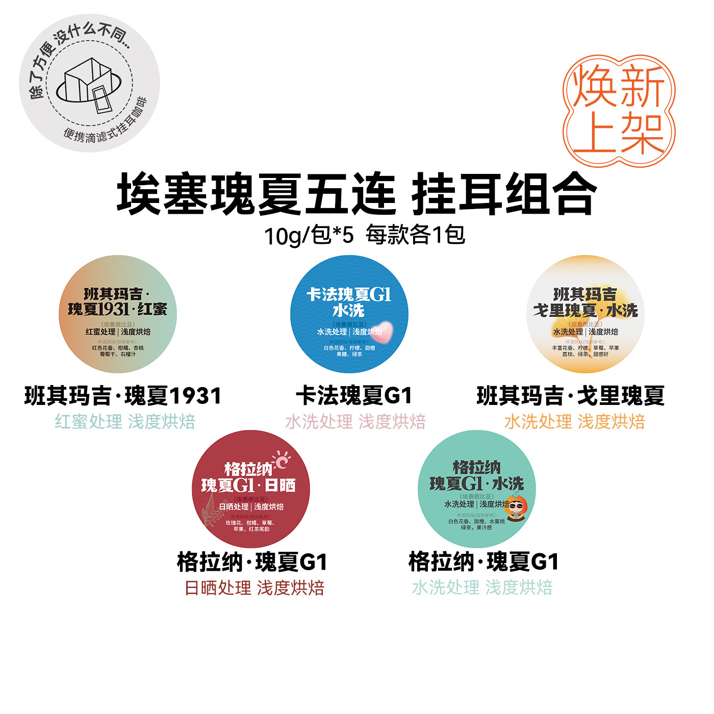 挂耳组合:埃塞瑰夏五连 洗浅烘精品挂耳每款各1包 10g/包*5