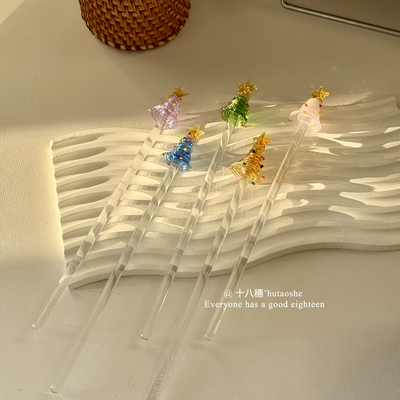 立体圣诞树玻璃搅拌棒长柄透明可爱咖啡麦片搅拌勺果汁牛奶调酒棒
