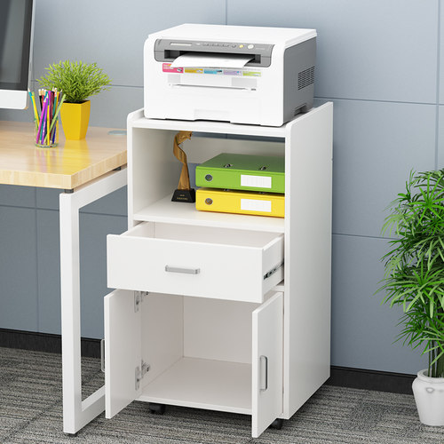 落地可移动办公置物架实木打印机架文件柜多层收纳架带门桌边柜子