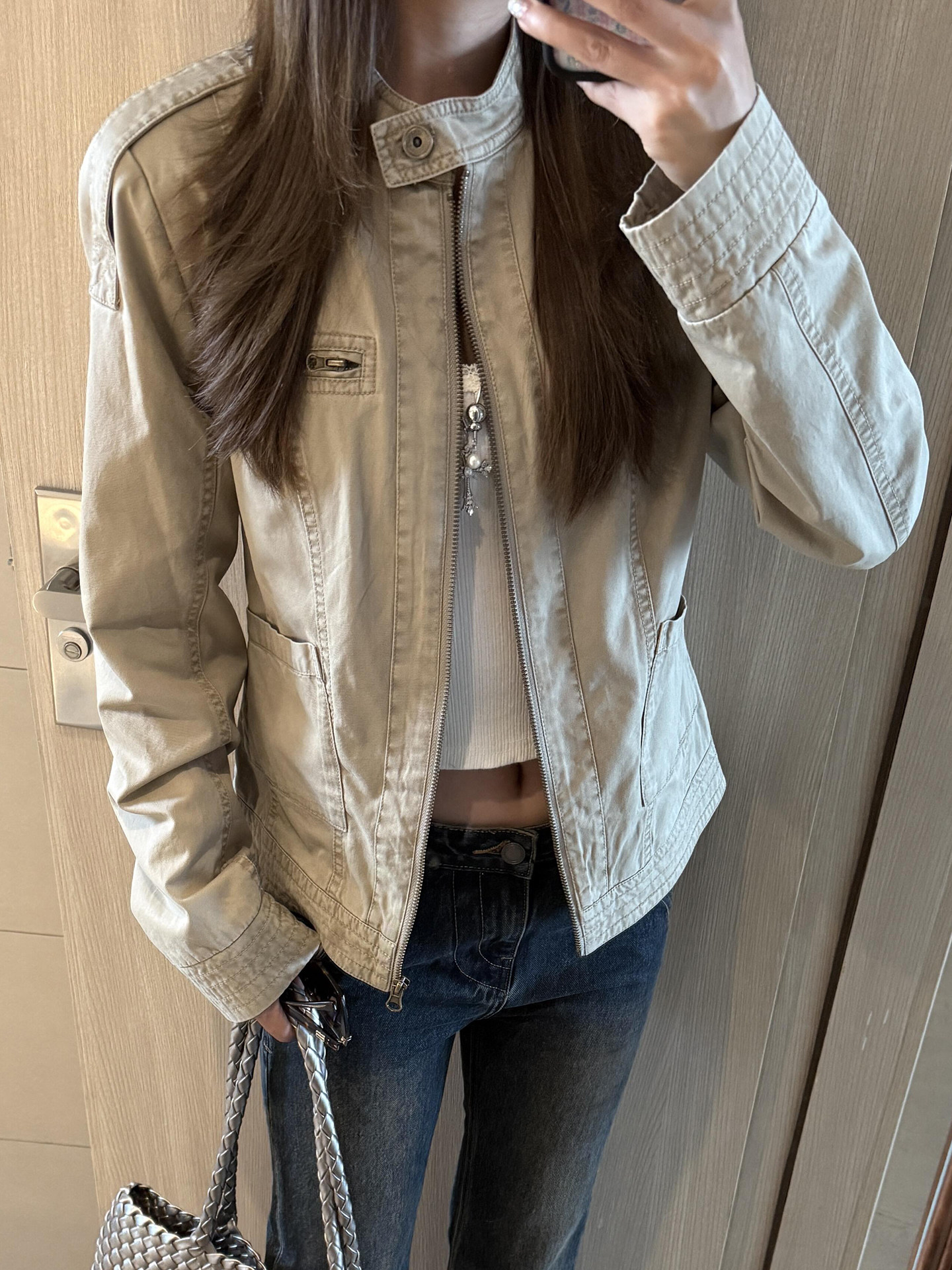 thumbnail for American vintage autumn jacket for women, 2026 new stand-collar short loose slimming distressed shoulder jacket trendy