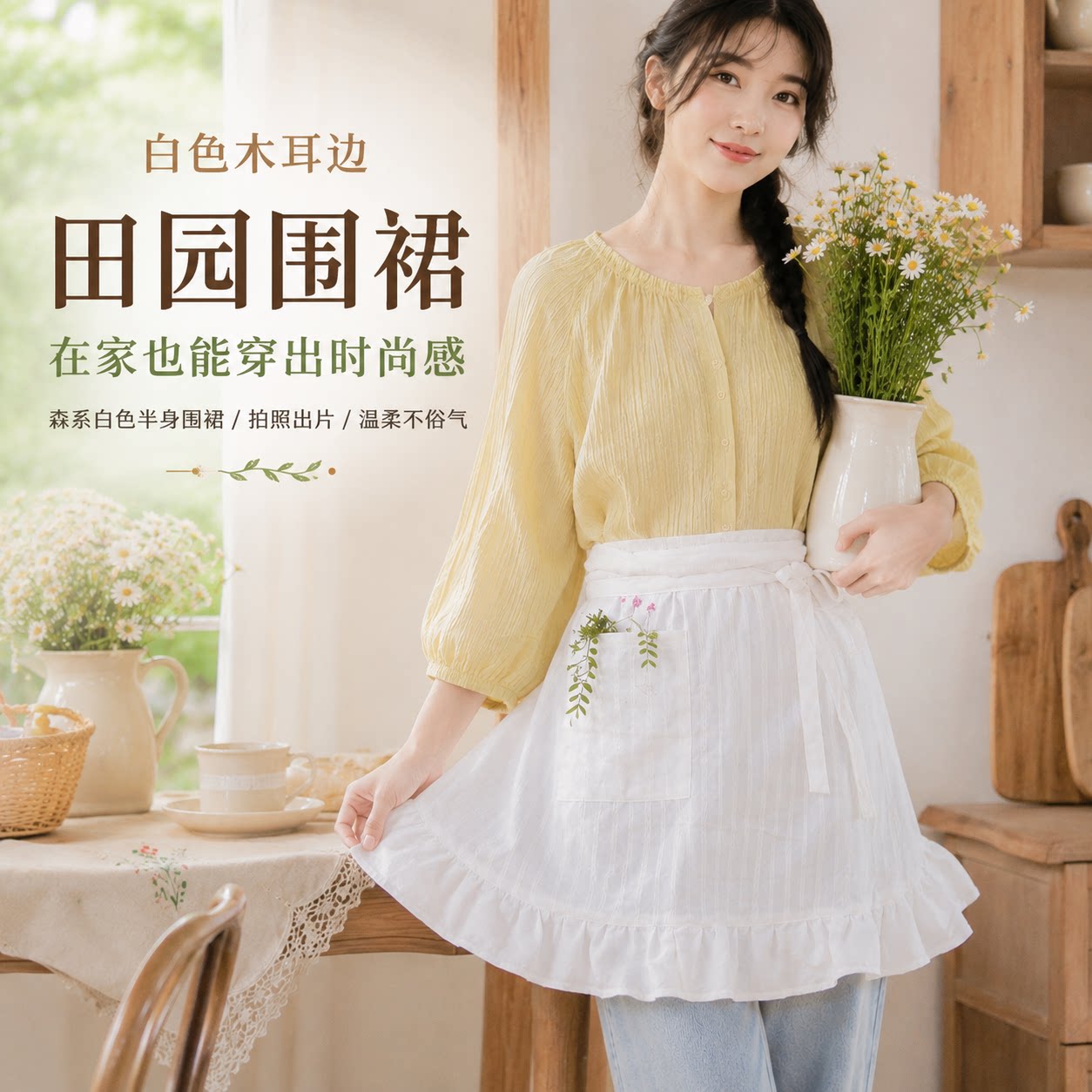 法式简约白色半身围裙女甜美荷叶边系带收腰显瘦家居工作半截围腰