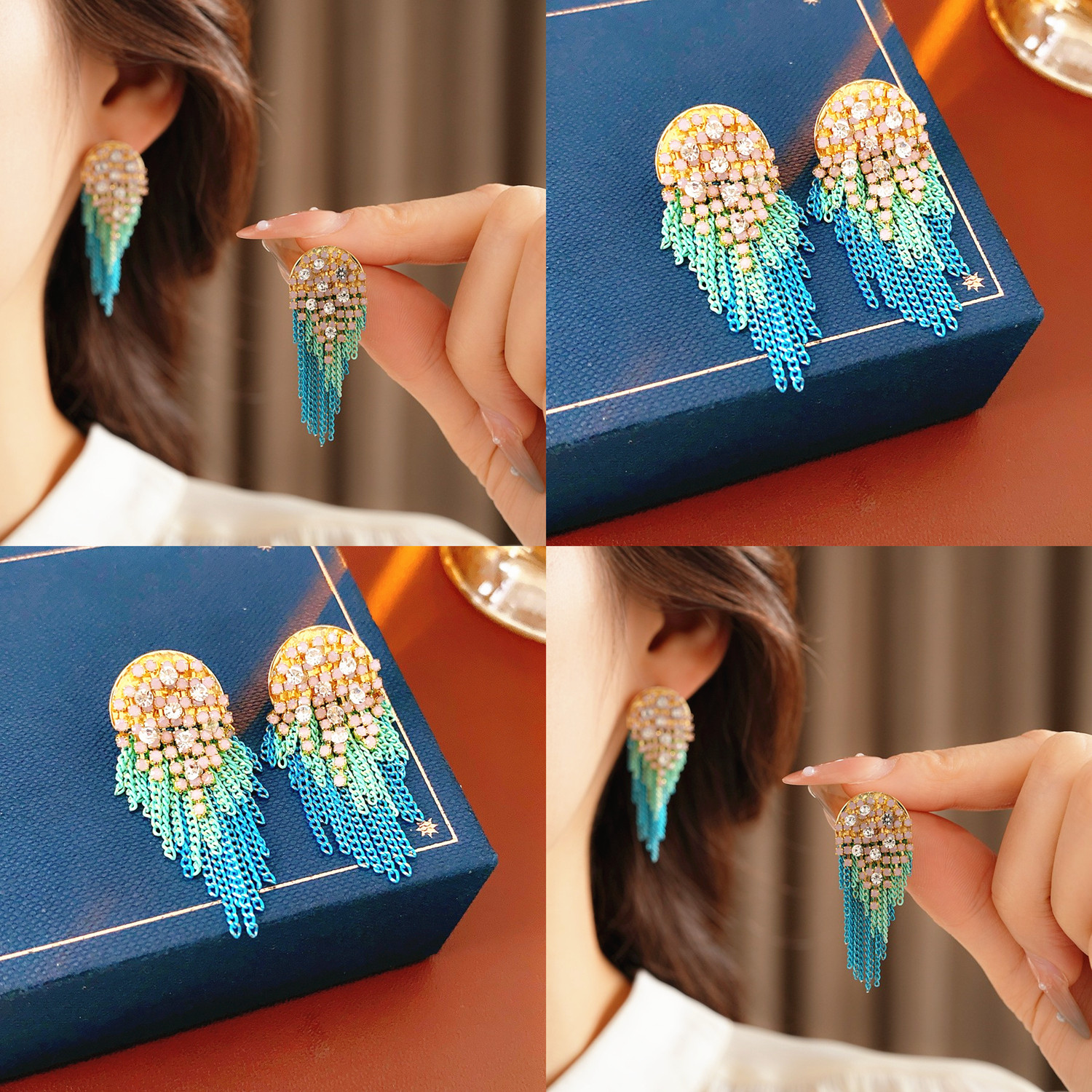 家民族风蓝色渐变流苏耳环49.9元