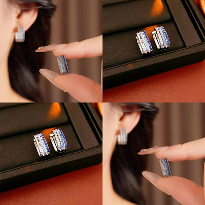 轻奢法式复古蓝银渐变C形耳环