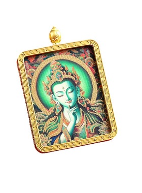 手绘描金绿度母唐卡扎基