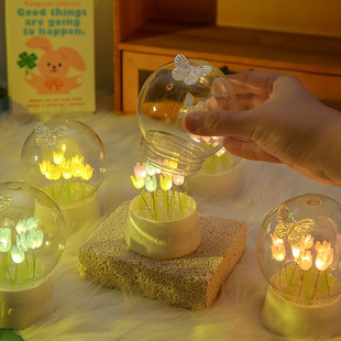 水晶球玫瑰花郁金香小夜灯 手工diy氛围灯生日礼物情人节创意礼品