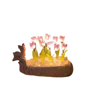 手工DIY小鹿仿真花郁金香小夜灯照明氛围灯送生日礼物装 饰小摆件
