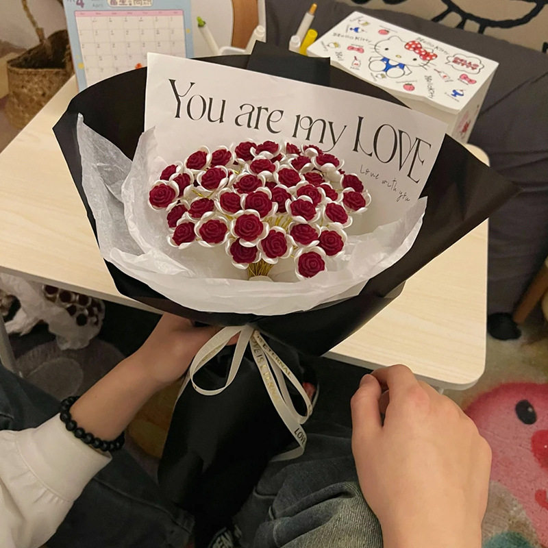 红丝绒玫瑰花束手工diy仿真花手捧花材料包送闺蜜女友520节日礼