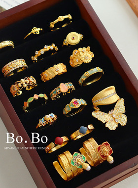 复古法式小众金色蝴蝶戒指女轻奢高级感宫廷风彩色水晶戒子指环