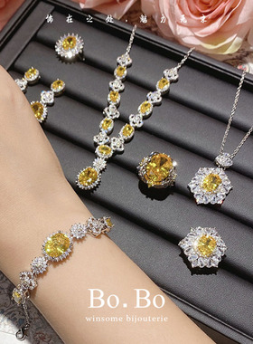 宫廷法式阿斯切金黄钻戒指女高级富贵方糖彩宝石耳环套装闪耀项链