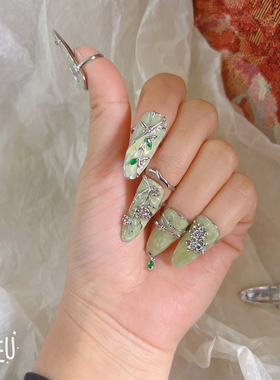 BoBo 新中式几何镶钻梅花指甲戒指手饰不伤甲竹叶美甲戒护甲戒