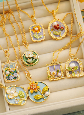 富贵彩色莫奈梵高油画项链vintage高级感巴洛克珍珠蝴蝶花瓣颈链