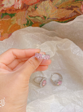 BoBo银色闪亮水钻戒指女仙女风小清新叠带百搭仿粉宝石排钻指环