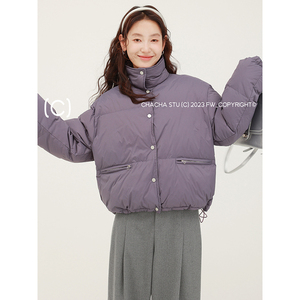 CHACHASTU 白鸭绒羽绒服女冬季2023新款高领短款紫色面包服外套