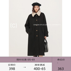 CHACHASTU 可拆卸毛毛领设计感黑色呢子大衣女秋冬高级感毛呢外套