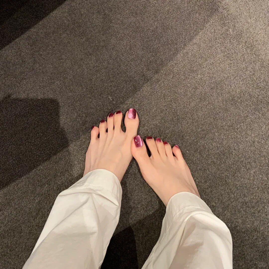 紫色玻璃珠猫眼气质脚趾甲纯手工穿戴甲光疗美甲玫红色脚指甲贴片
