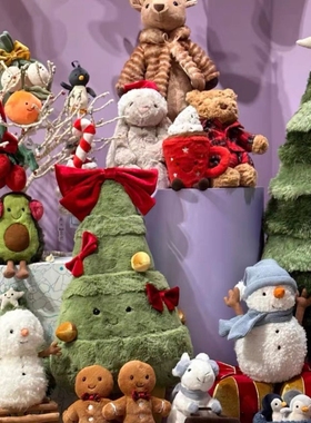 【2025圣诞新品】jellycat正品圣诞节圣诞树爆炸头企鹅耳罩茄子
