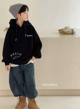 布芮欧2025冬季新款男女童韩版加绒百搭儿童连帽卫衣外套潮88283