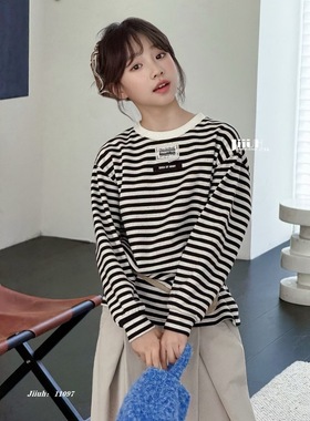 己又合童装2025秋季新款洋气黑白条纹长袖T恤男女童打底衫潮11097