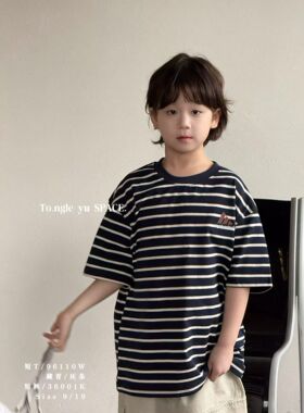 童乐鱼2026夏季新款男童韩版休闲条纹短袖T恤儿童宽松上衣潮96110