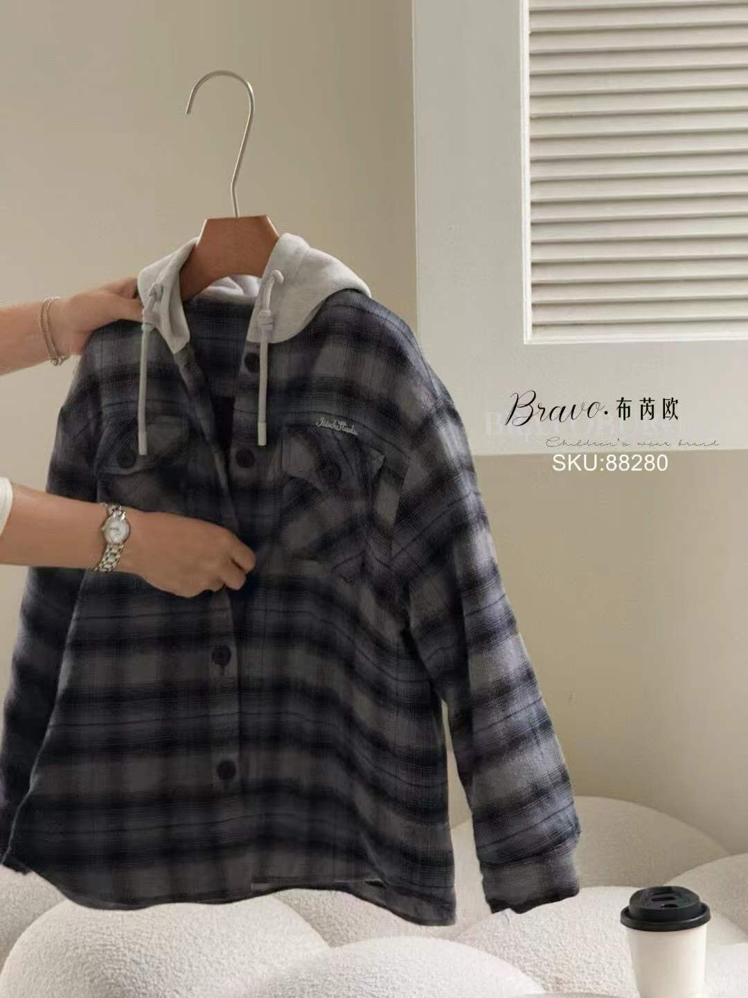 布芮欧2025冬新款男女童韩版儿童加棉洋气格子连帽衬衫外套88280