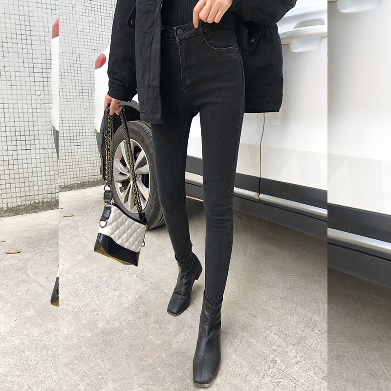 BLACK AND GRAY FLEECE JEANS WOMENS HIGH-WAISTED AUTUMN AND WINTER WEAR BRUSHED WOOL THIN FLEECE THIN VELVET CROPPED TIGHT TROUSERS