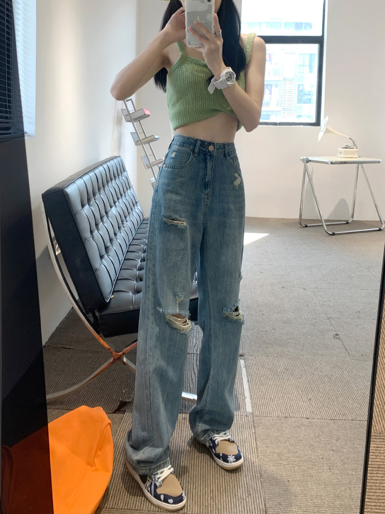 HIGH WAIST STRAIGHT RIPPED JEANS WOMENS SUMMER THIN SECTION 2023 NEW LOOSE DRAPE WIDE LEG MOPPING PANTS WOMEN