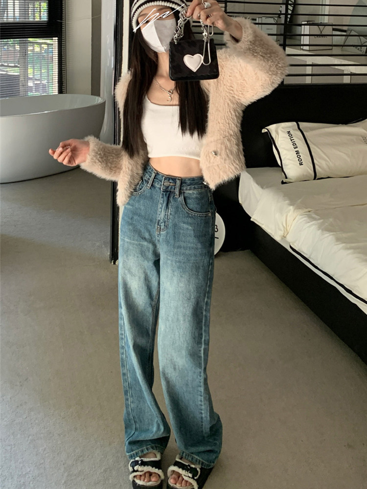 VINTAGE BLUE WIDE-LEG JEANS WOMENS SPRING 2023 NEW HIGH-WAISTED PEAR-SHAPED BODY COVERING THE HIPS STRAIGHT LEG LOOSE MOPPING FLOOR