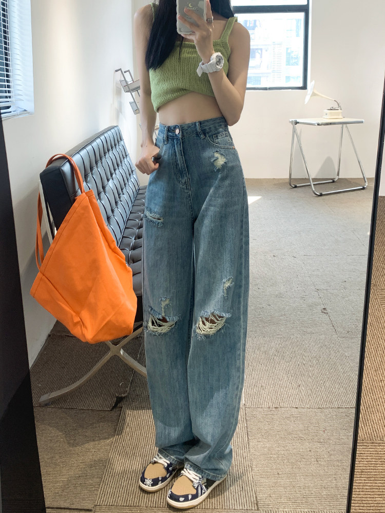 HIGH WAIST STRAIGHT RIPPED JEANS WOMENS SUMMER THIN SECTION 2023 NEW LOOSE DRAPE WIDE LEG MOPPING PANTS WOMEN
