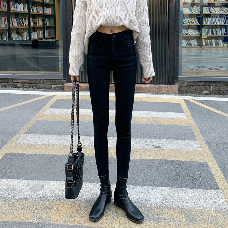 FLEECE AND PADDED BLACK HIGH-WAISTED SKINNY JEANS WOMENS SLIM PANTS WEAR NEW SMALL FEET IN AUTUMN AND WINTER 2021