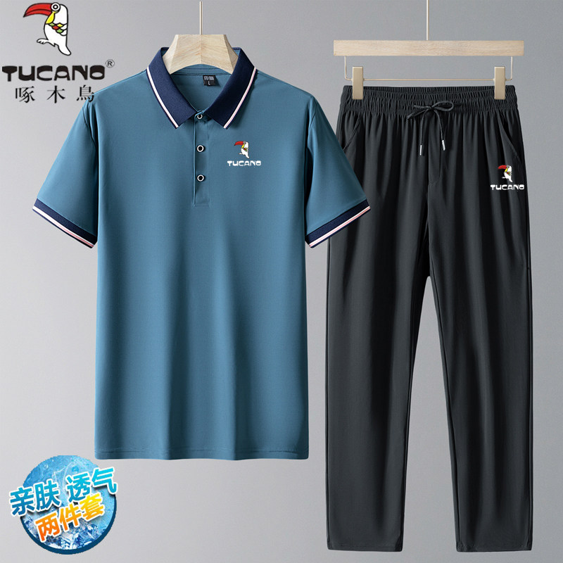 啄木鸟夏季运动套装男冰丝短袖polo衫中年休闲服时尚宽松爸爸夏装