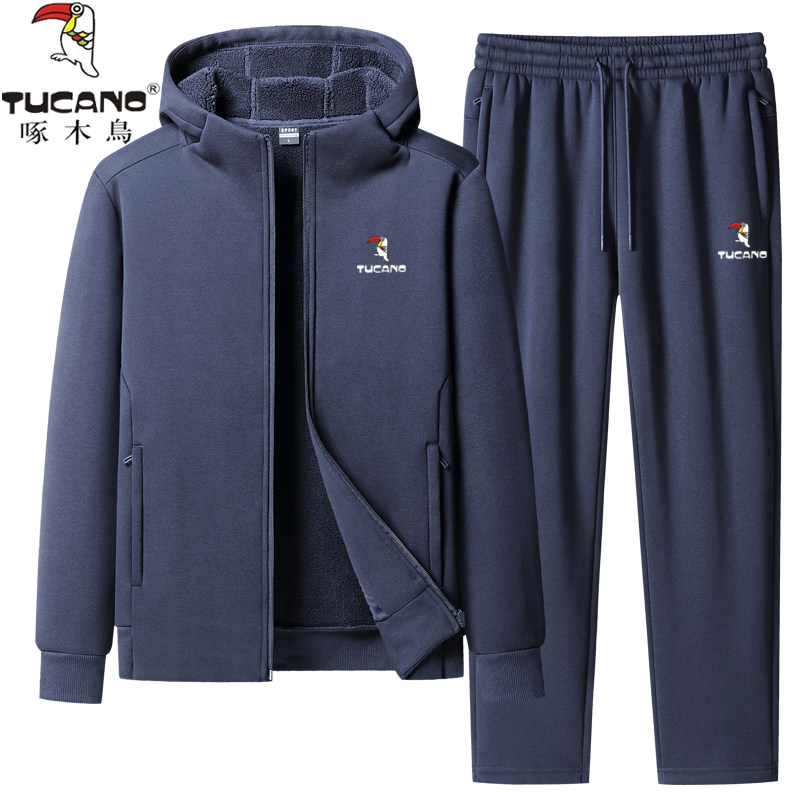 啄木鸟羊羔绒中老年运动套装男秋冬加厚连帽卫衣纯棉两件套休闲服