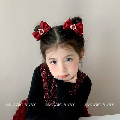 酒红色新年皇冠蝴蝶结发夹儿童