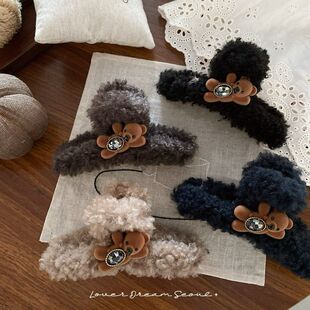 韩国ins风秋冬长毛纯色复古交叉抓夹植绒小熊水钻后脑勺13CM抓夹