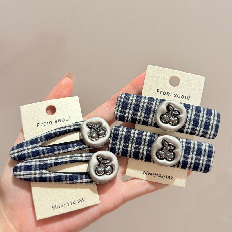 韩国简约藏青格纹樱桃发夹个性百搭甜美气质侧边刘海碎发BB夹发饰