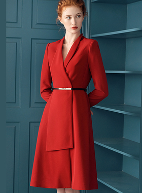 主持人正装女红色连衣裙ol职业装西装裙高级质感高端名媛气质礼服