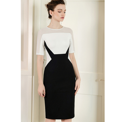 通勤包臀黑白撞色圆领连衣裙