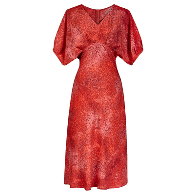 桑花绉V领收腰蝙蝠袖印花连衣裙