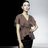 新款 法式 轻奢双绉波点V领斗篷收腰显瘦短袖 2025夏季 洋气上衣女装