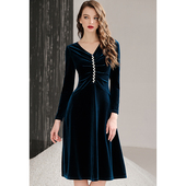 收腰大摆长裙女2025年新款 绝色高端金丝绒连衣裙长款 过膝气质长袖