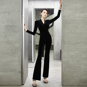 2024秋修身显瘦韩国丝绒性感交叉V领显腿长高腰长袖连体裤女装
