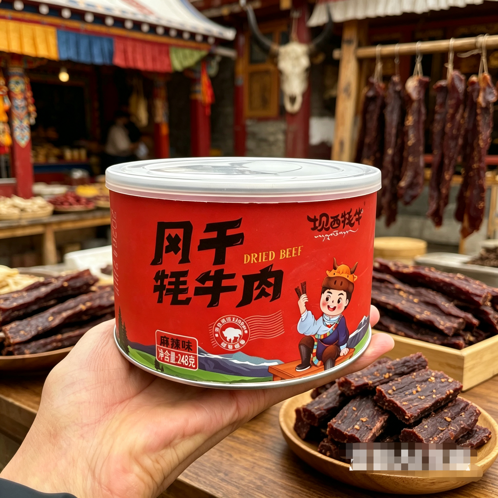 四川阿坝州九寨沟特产坝西风干牦牛肉五香味麻辣味248克罐装正品