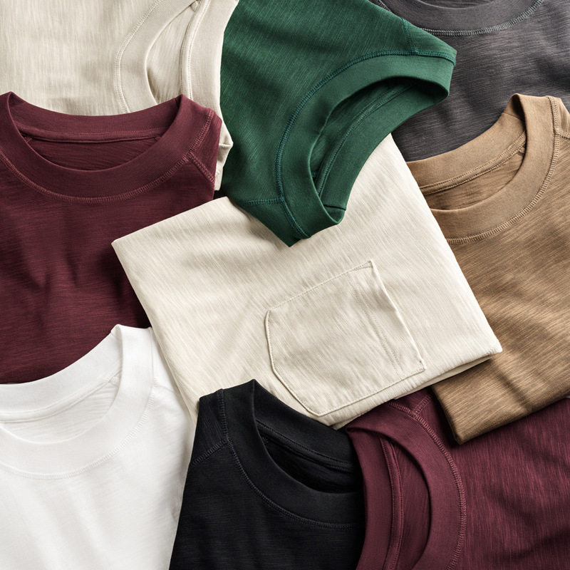 310g竹节棉短袖男t恤口袋重磅圆领宽松纯色上衣纯棉插肩体恤男款