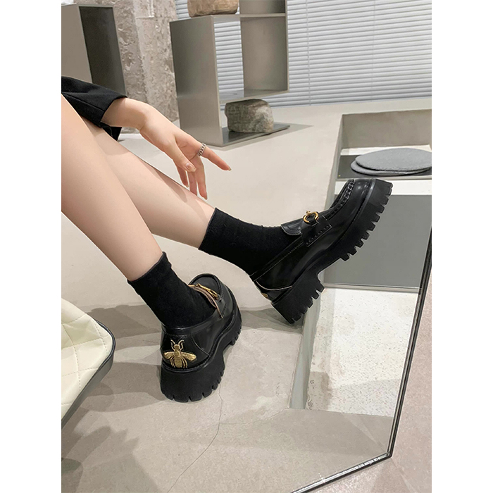 小蜜蜂乐福鞋女真皮厚底