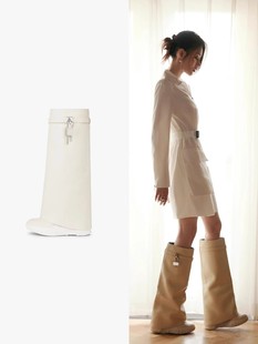 阿b专属~虞书欣同款锁扣鲨鱼靴子真皮高筒骑士裤管靴白色长筒靴女