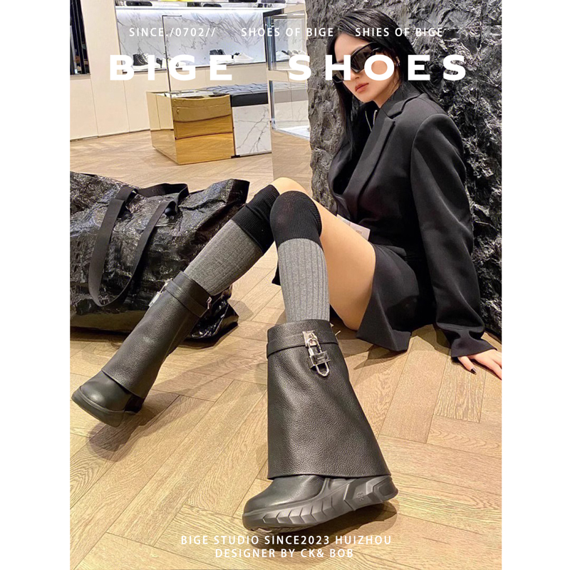 金属锁扣真皮欧美库管靴