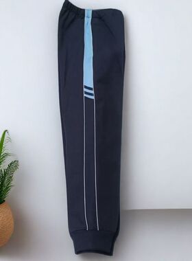 中小学生校服裤子藏蓝色拼浅蓝宽条束脚裤宽松收口加厚运动校裤