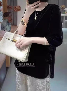 中式复古黑色金丝绒上衣女开叉宽松圆领五分袖禅意打底衫胖妹妹