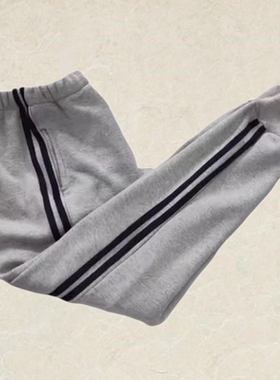浅灰色拼藏蓝条校服裤子两条杠小学初中生冬季直筒全棉宽松运动裤