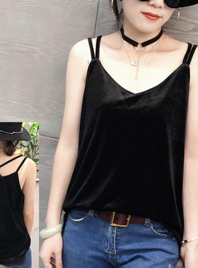 金丝绒吊带小背心女外穿胖mm性感v领打底上衣显瘦宽美背蕾丝内搭