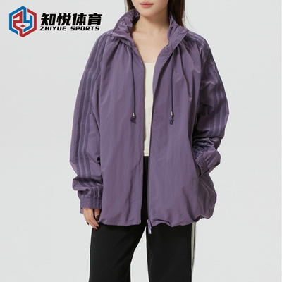 阿迪达斯三叶草连帽运动外套女紫色休闲拉链夹克KR2626 KR2625